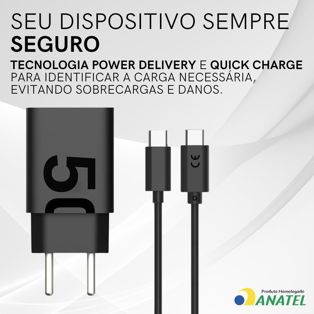 Carregador Turbo 50W Power Delivery + Cabo Tipo C