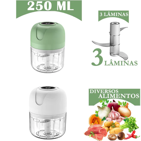 Mini Processador Elétrico de Alimentos Portátil com 3 lâminas de aço inox USB 250 ml