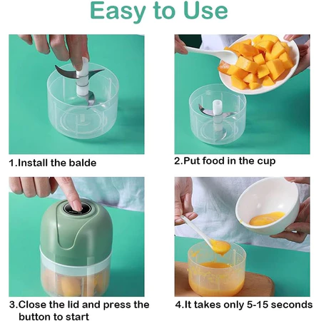 Mini Processador Elétrico de Alimentos Portátil com 3 lâminas de aço inox USB 250 ml